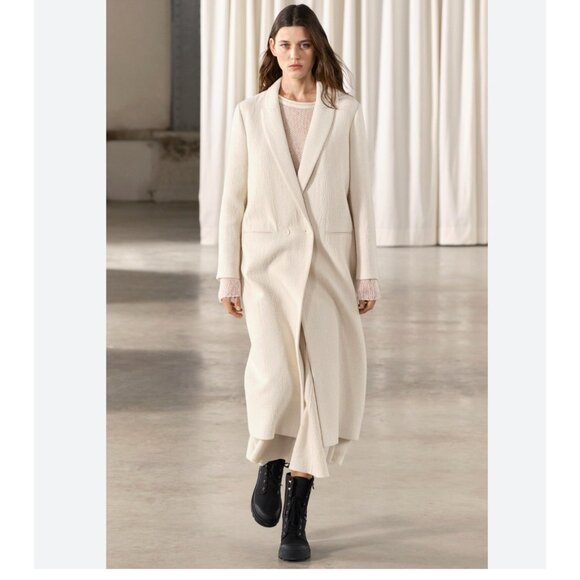 Zara Womans Long Wool Coat Size L Large Winter White Textured 8605/770 NWT